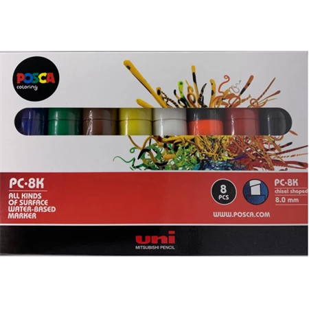 Filc UNI Posca PC-8K, 8db/csomag kék, zöld, barna, sárga, fehér,  narancs, piros, fekete 8mm