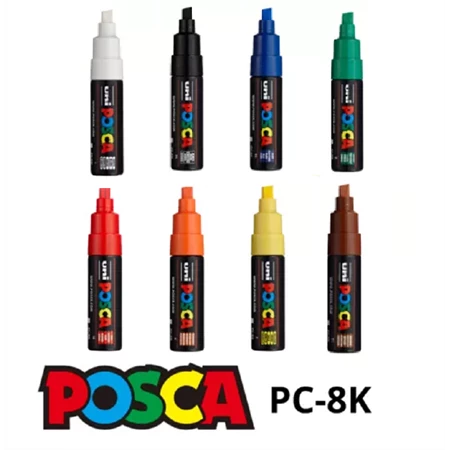 Filc UNI Posca PC-8K, 8db/csomag kék, zöld, barna, sárga, fehér,  narancs, piros, fekete 8mm