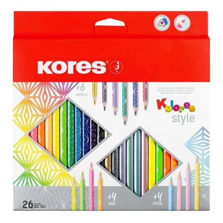 Színes ceruza készlet 26db-os KORES Kolores Style háromszögletű, 26 különböző szín