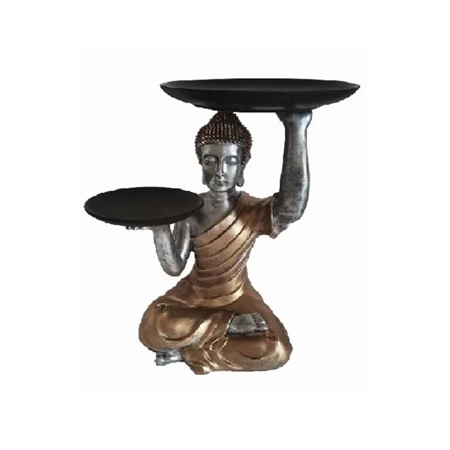 Szobor Buddha ülő 39cm, 2 tállal a kezében, bronz - ezüst színben