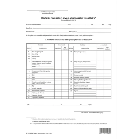 A 3510-217/új Beutalás munkaköri orvosi alkalmassági vizsgálatra