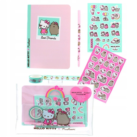 Ajándék csomag Pusheen és Hello Kitty golyóstoll + washitape + 2 ív matrica + A/5 füzet