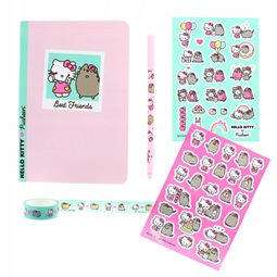 Ajándék csomag Pusheen és Hello Kitty golyóstoll + washitape + 2 ív matrica + A/5 füzet