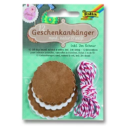 Ajándékkártya 12db natúr/fehér + zsínór kerek