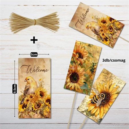 Dekorációs tábla, ajándékkísérő, nyomatott karton tábla 3mm-es, 9,5x5cm napraforgó 3db/csomag
