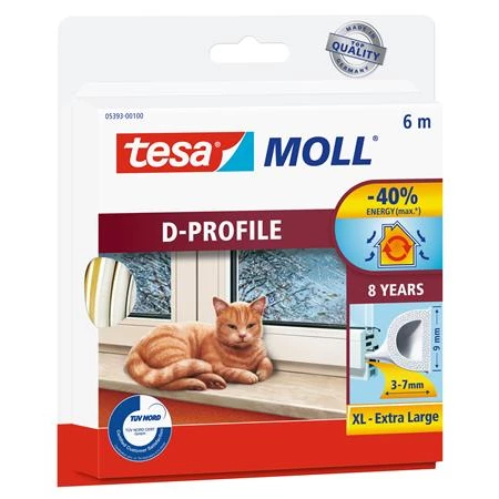Ajtó- és ablaktömítő szalag, 9 mm x 6 m, TESA tesamoll D profil, fehér öntapadó gumi tömítőszalag