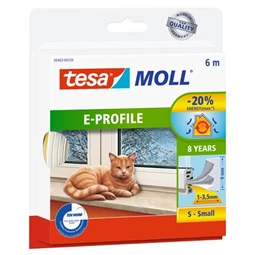 Ajtó- és ablaktömítő szalag, 9 mm x 6 m, TESA tesamoll E profil, fehér öntapadó gumi tömítőszalag