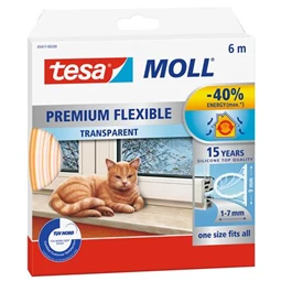Ajtó- és ablaktömítő szalag, 9 mm x 6 m, TESA tesamoll Premium Flexible, átlátszó időjárásálló ablakrés-szigetelő