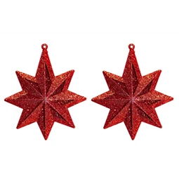 Akasztós dísz, csillag 2db doboz áttetsz piros glitteres, 10x12cm