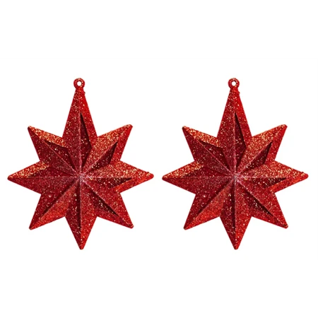 Akasztós dísz, csillag 2db doboz áttetsz piros glitteres, 10x12cm