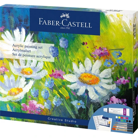 Akrilfesték készlet FABER CASTELL 18db-os, 12 x 9ml akrilfesték + 4 db ecset + 1 db keverőpaletta