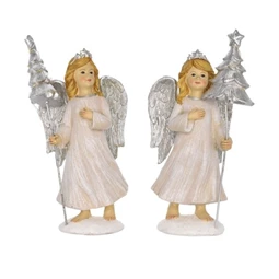 Angyal figura fenyőfával LED-es álló poly 10,5x7x23cm fehér-ezüst 2 féle 1db