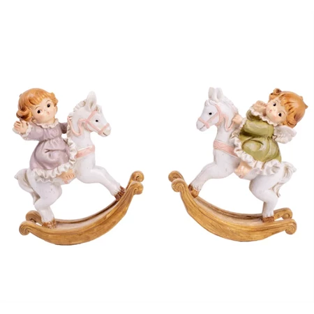 Angyal figura hintalovon ülő poly 9x10x4,5cm lila-zöld 2 féle 1db
