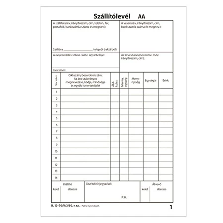B.10-70/V/3/50 Szállítólevél 50x3 A/5 Pátria