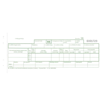 B.12-125/V Készlet bevételezési bizonylat 2tételes