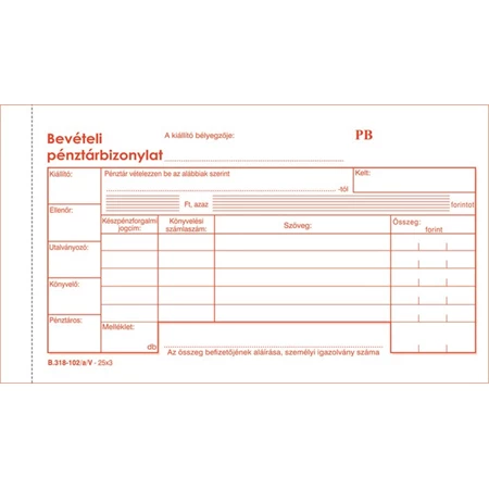 B.318-102/V Bevételi pénztárbizonylat 5 soros 25x3 Victoria