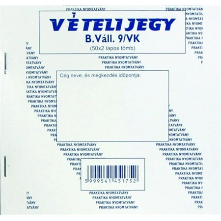 B.VÁLL 9/V Vételi jegy 50x2 AB