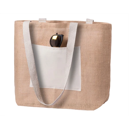 Bevásárlótáska azonos színű fülekkel, külső zsebbel, 280 g/m2  15 x 40 x 45 cm juta anyag
