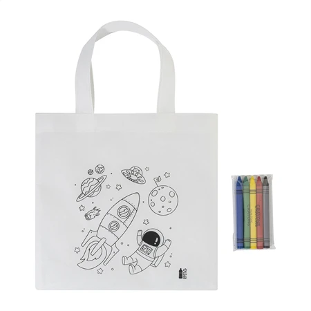 Bevásárlótáska színezhető mintával non-woven 5db zsírkrétával, 24,5x24cm űrhajós minta