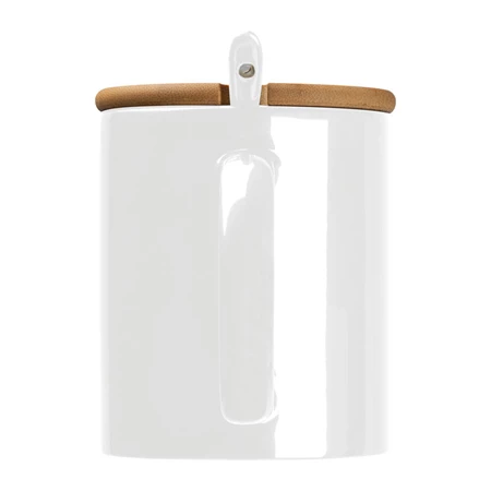Bögre kerámia, bambusz tetővel, kiskanállal, 300ml fehér,  8,5 x 10,2 cm
