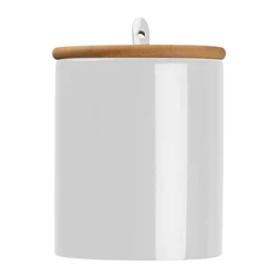 Bögre kerámia, bambusz tetővel, kiskanállal, 300ml fehér,  8,5 x 10,2 cm