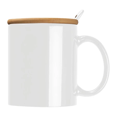 Bögre kerámia, bambusz tetővel, kiskanállal, 300ml fehér,  8,5 x 10,2 cm