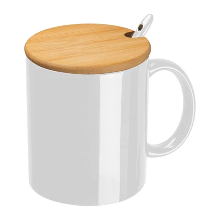 Bögre kerámia, bambusz tetővel, kiskanállal, 300ml fehér,  8,5 x 10,2 cm