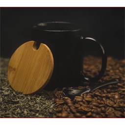 Bögre kerámia, bambusz tetővel, kiskanállal, 300ml fekete,  8,5 x 10,2 cm