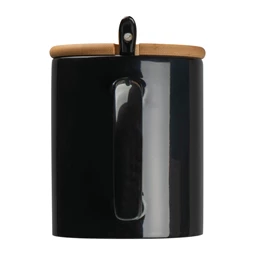 Bögre kerámia, bambusz tetővel, kiskanállal, 300ml fekete,  8,5 x 10,2 cm