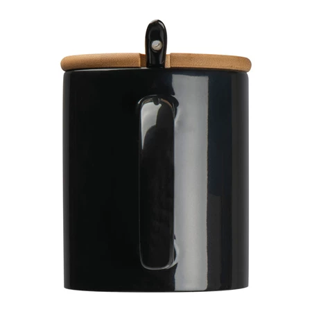 Bögre kerámia, bambusz tetővel, kiskanállal, 300ml fekete,  8,5 x 10,2 cm