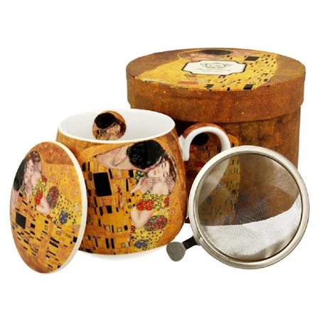 Bögre, porcelán 430ml, fedéllel és szűrővel, díszdobozban, Klimt "Kiss"