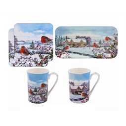 Bögre szett porcelán 2 személyes 30x17x11cm tálcával és poháralátéttel Robins