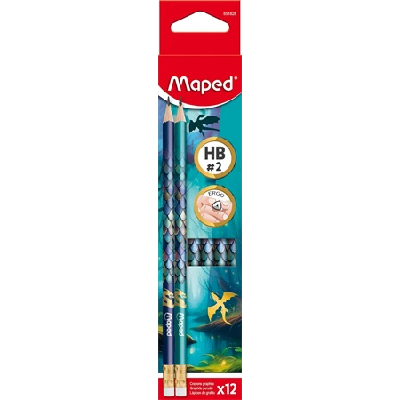 Ceruza MAPED Dragon grafitceruza háromszögletű kialakítással és látványos sárkány mintával, HB, radírral, 12db