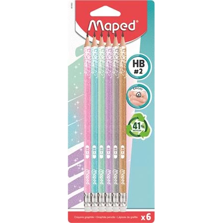 Ceruza készlet 6db-os MAPED Black`Peps Glitter Deco háromszögletű HB radíros vegyes pasztell színek