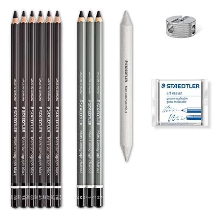 Ceruza készlet STAEDTLER 6 különböző keménység hegyezővel, gyurmaradírral, Mars Lumograph 100 C