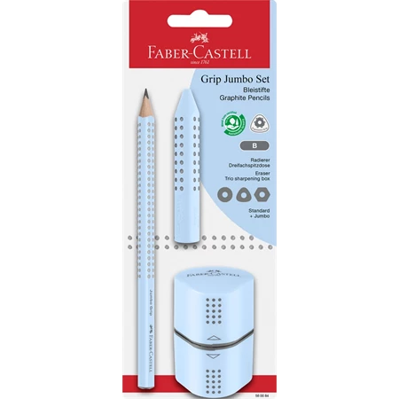 Ceruza szett Faber-Castell Grip Jumbo grafitceruza B + trió hegyező + radír égkék bliszterben