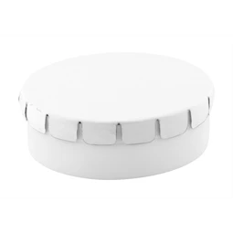 Cukorkák kerek műanyag, fém tetejű 45x15mm-es dobozban, kb. 12gr mentás cukor