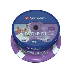 DVD+R VERBATIM 8,5 GB, 8x, kétrétegű lemez, hengeren, nyomtatható felület, 25db/csomag
