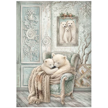 Decoupage rizspapír A/4 White Christmas Cozy Bear