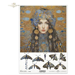 Decoupage rizspapír A/4 női fej szeccessziós szitakötő motívumokkal