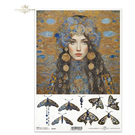 Decoupage rizspapír A/4 női fej szeccessziós szitakötő motívumokkal