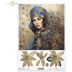 Decoupage rizspapír A/4 női fej szeccessziós virág motívumokkal