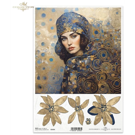 Decoupage rizspapír A/4 női fej szeccessziós virág motívumokkal