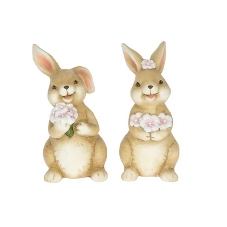 Dekocárió nyúl fiú, lány csokorral álló kerámia 7x6x12cm rózsaszín-barna 2 féle 1db, figura nem válsztható