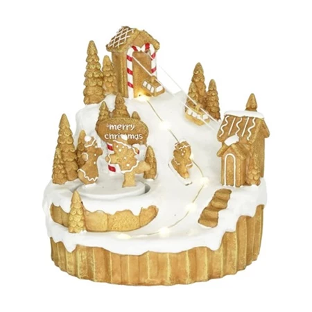 Dekoráció Dioráma mézeskalács sípálya, mozgó figurákkal LED-es poly 15,5x16x16,7 cm barna, fehér