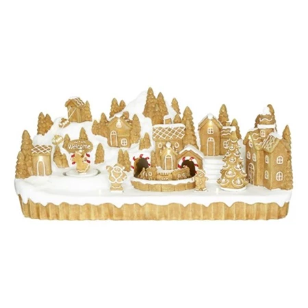 Dekoráció Dioráma mézeskalács város, mozgó vonattal, LED-es poly 41x17x18,3 cm barna, fehér