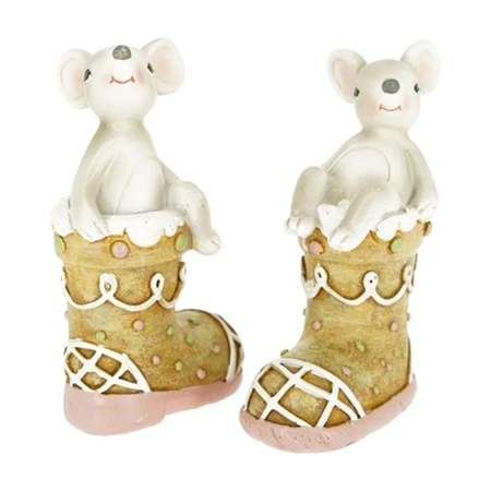 Dekoráció Egér mézeskalács csizmában álló, ülő poly 5,5x3,5x9,5 cm barna, bézs 2 féle, 1db