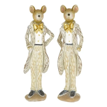 Dekoráció Egér ruhában, nyakkendővel álló poly 4x3x14 cm bézs, fehér 2 féle, 1db