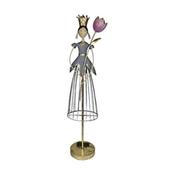 Dekoráció Lány virággal, koronával, LED-es, álló fém 21,59x13,97x74,93cm rózsaszín, arany