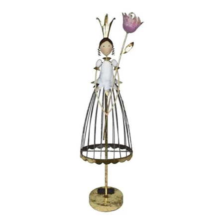 Dekoráció Lány virággal, koronával, LED-es, álló fém 21,59x13,97x77,47cm rózsaszín, arany